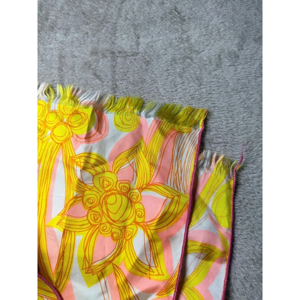 Vintage 60s 70s Psychedelic Floral Rayon Oblong Scarf Yellow Pink Mod USA Made